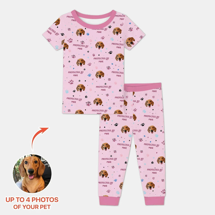 Custom Dog Photos "Protected By" Pawfect Blue Two Piece Short Sleeve Pajama Set , Custom Dog Photos "Protected By" Pawfect Blue Two Piece Short Sleeve Pajama Set - 12-18M