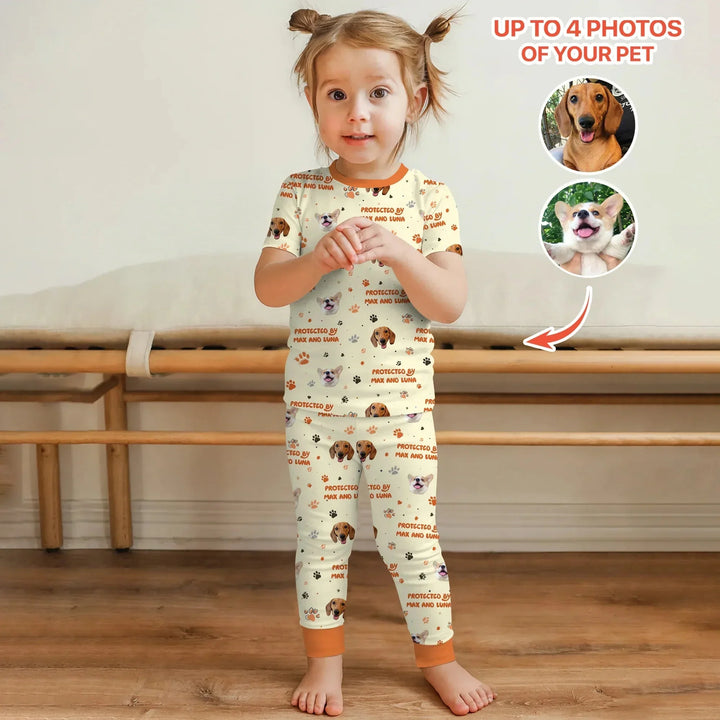 Custom Dog Photos "Protected By" Pawfect Yellow Two Piece Short Sleeve Pajama Set , Custom Dog Photos "Protected By" Pawfect Yellow Two Piece Short Sleeve Pajama Set - 12-18M