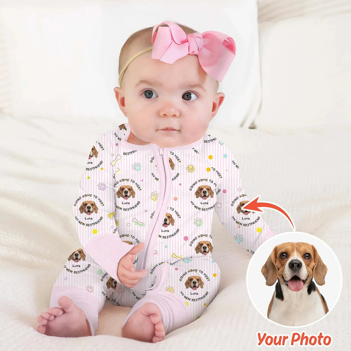 Custom Dogs Photo "Going home to meet my new best friend" Convertible Zippered Romper , Custom Dogs Photo "Going home to meet my new best friend" Convertible Zippered Romper - 0-3M