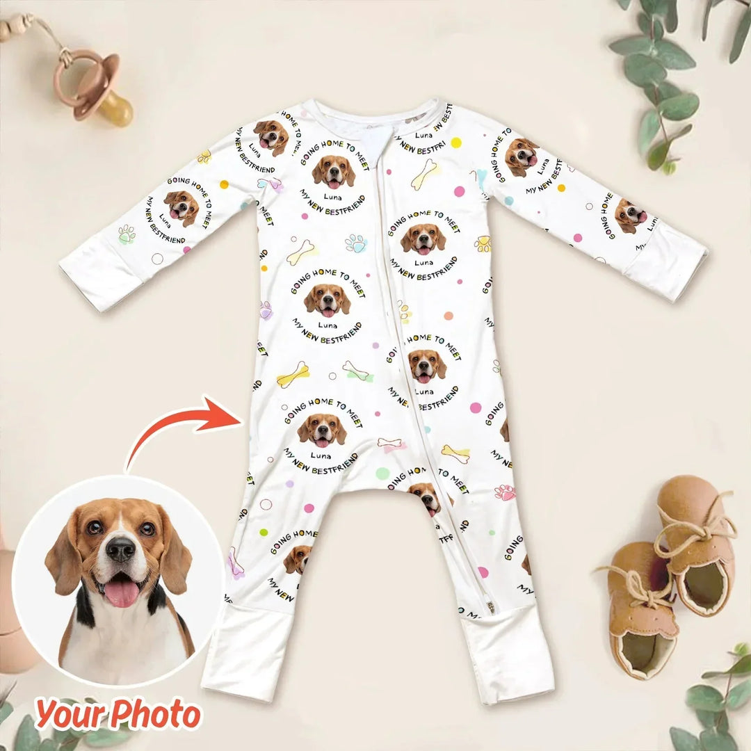 Custom Dogs Photo "Going home to meet my new best friend" Convertible Zippered Romper , Custom Dogs Photo "Going home to meet my new best friend" Convertible Zippered Romper - 0-3M