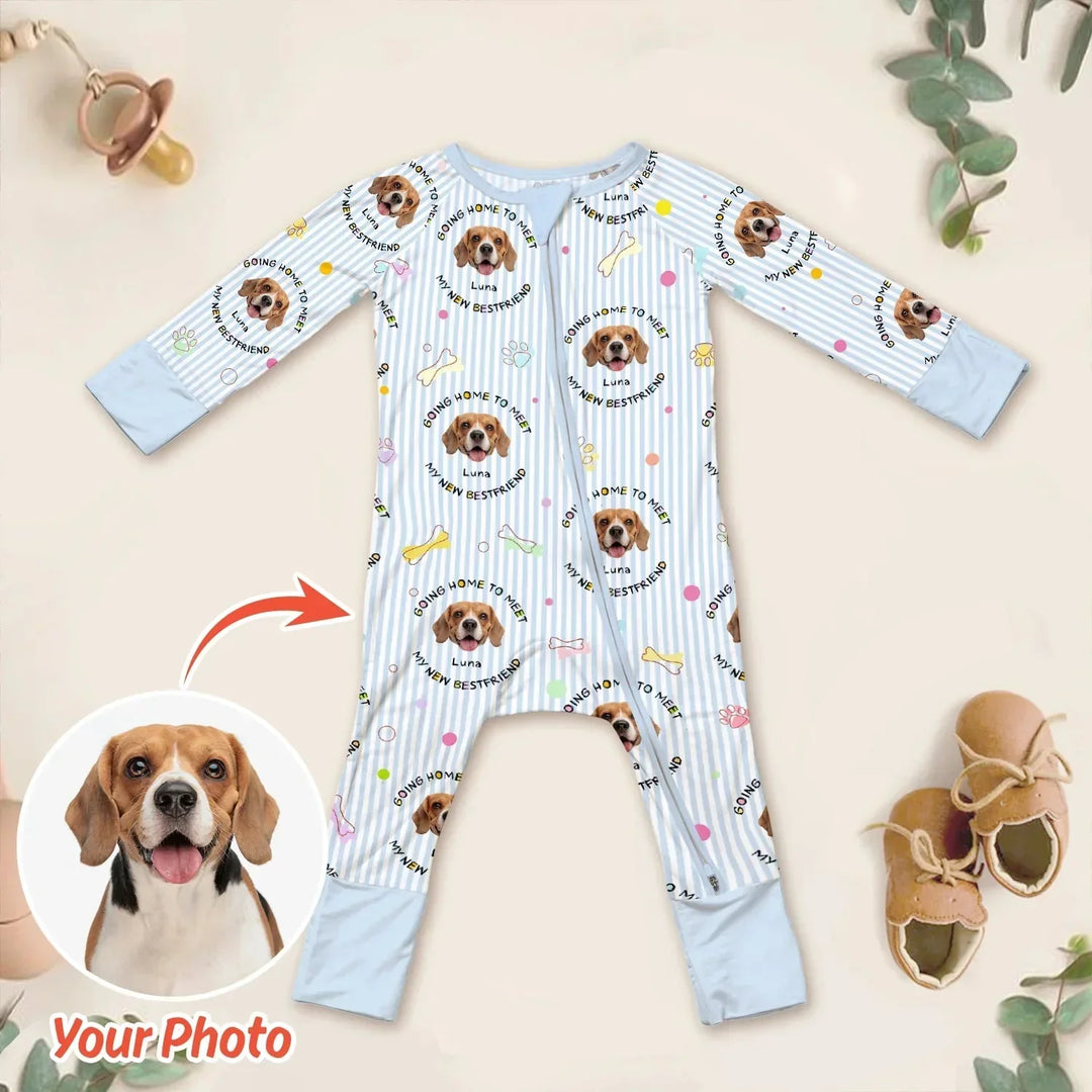 Custom Dogs Photo "Going home to meet my new best friend" Convertible Zippered Romper , Custom Dogs Photo "Going home to meet my new best friend" Convertible Zippered Romper - 0-3M