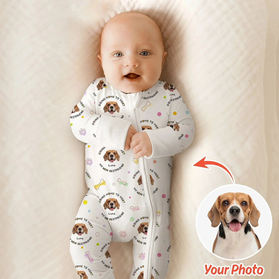 Custom Dogs Photo "Going home to meet my new best friend" Convertible Zippered Romper , Custom Dogs Photo "Going home to meet my new best friend" Convertible Zippered Romper - 0-3M