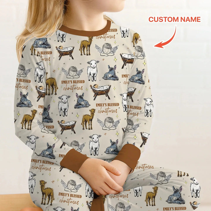 Custom Name Baby Blessed Christmas Two Piece Long Sleeve Pajama Set , Custom Name Baby Blessed Christmas Two Piece Long Sleeve Pajama Set - 12-18M