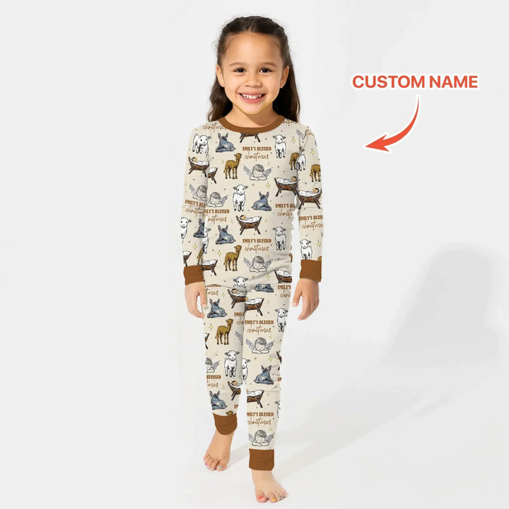 Custom Name Baby Blessed Christmas Two Piece Long Sleeve Pajama Set , Custom Name Baby Blessed Christmas Two Piece Long Sleeve Pajama Set - 12-18M