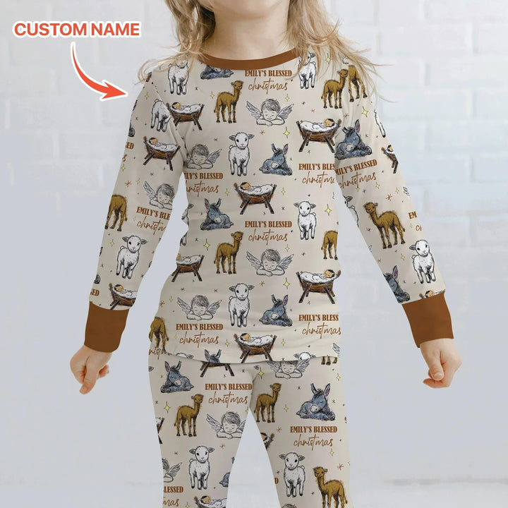 Custom Name Baby Blessed Christmas Two Piece Long Sleeve Pajama Set , Custom Name Baby Blessed Christmas Two Piece Long Sleeve Pajama Set - 12-18M
