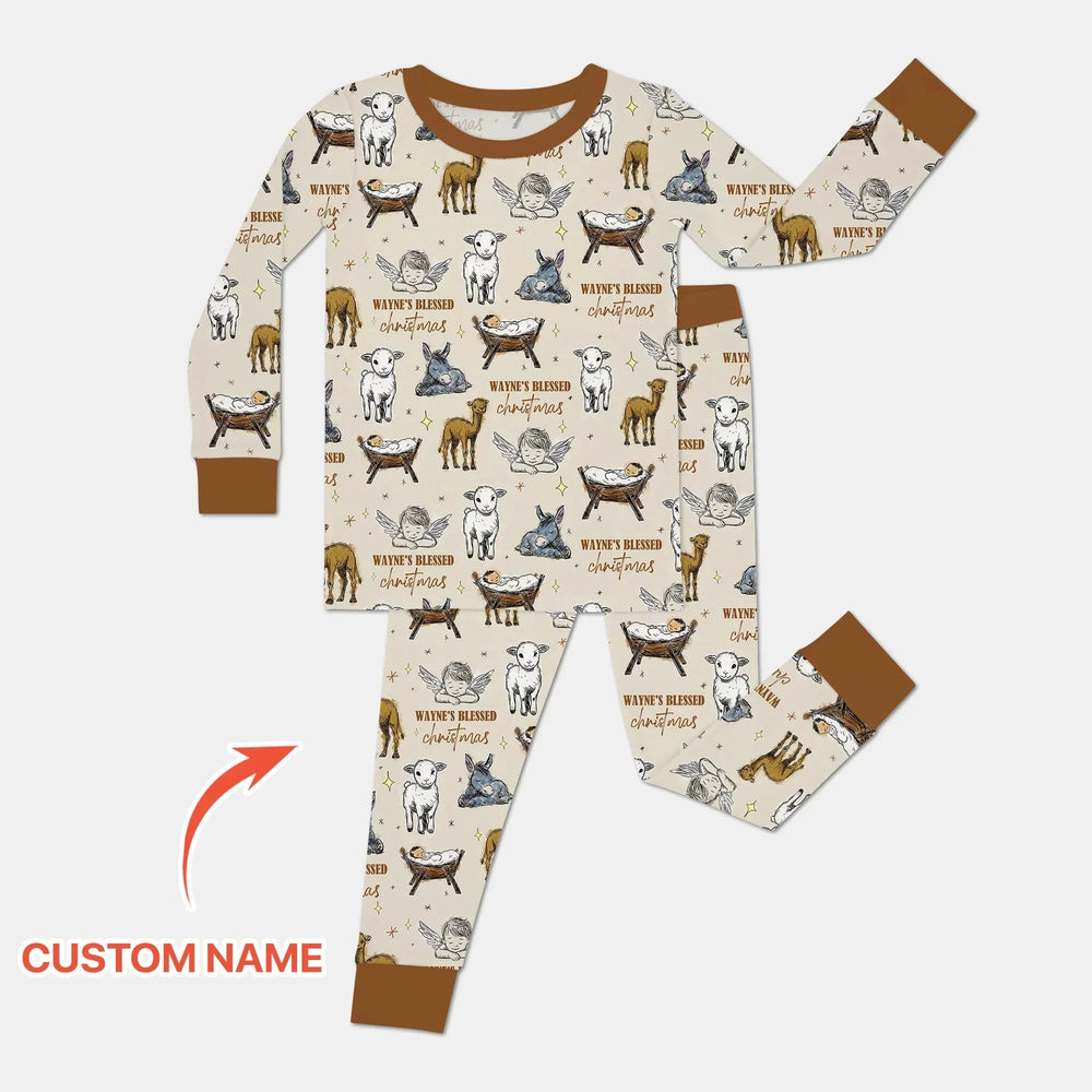Custom Name Baby Blessed Christmas Two Piece Long Sleeve Pajama Set , Custom Name Baby Blessed Christmas Two Piece Long Sleeve Pajama Set - 12-18M