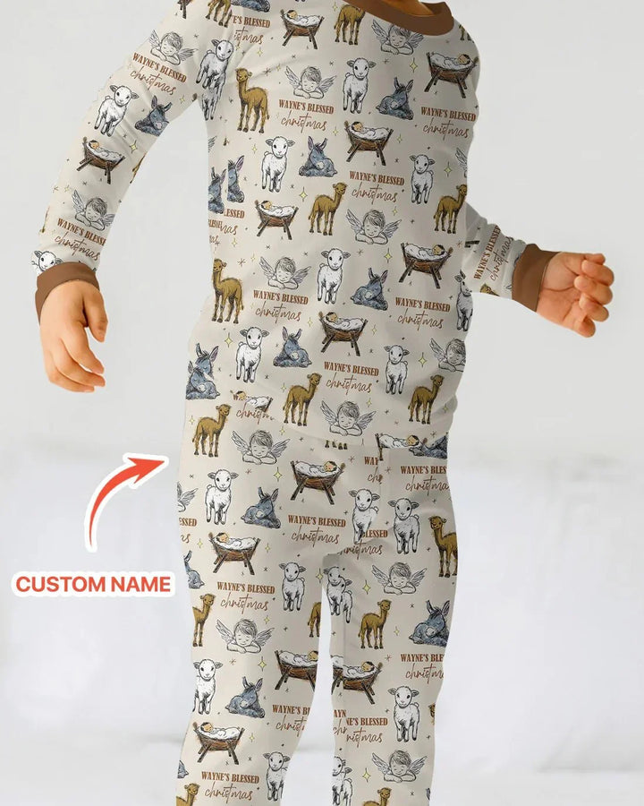 Custom Name Baby Blessed Christmas Two Piece Long Sleeve Pajama Set , Custom Name Baby Blessed Christmas Two Piece Long Sleeve Pajama Set - 12-18M