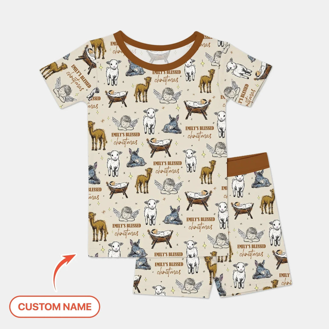 Custom Name Baby Blessed Christmas Two Piece Short Sleeve Shorts Pajama Set , Custom Name Baby Blessed Christmas Two Piece Short Sleeve Shorts Pajama Set - 12-18M