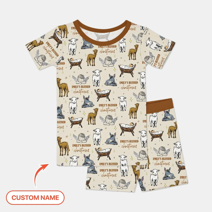Custom Name Baby Blessed Christmas Two Piece Short Sleeve Shorts Pajama Set , Custom Name Baby Blessed Christmas Two Piece Short Sleeve Shorts Pajama Set - 12-18M