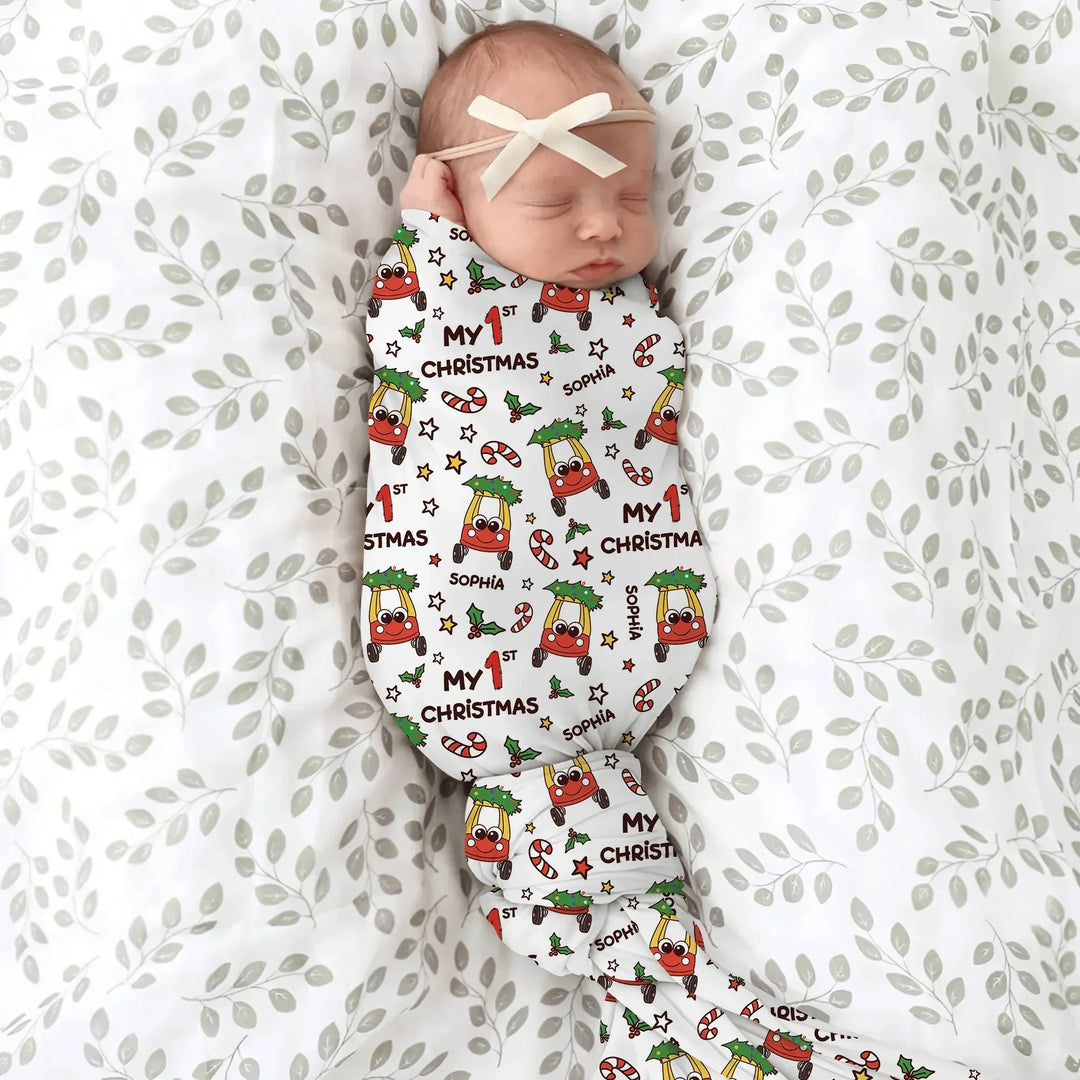 Custom Name Baby Car My 1st Christmas Swaddle Blanket , Custom Name Baby Car My 1st Christmas Swaddle Blanket - Default Title