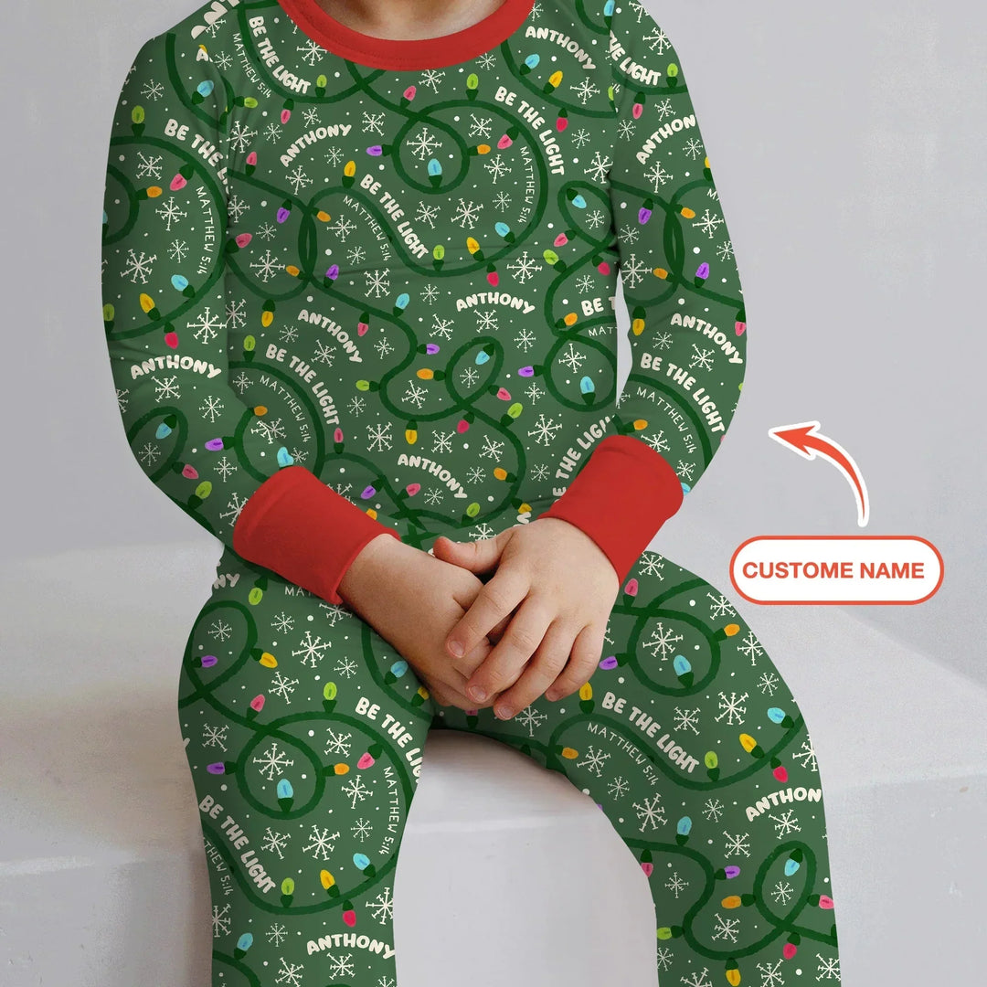 Custom Name Be The Light Christmas Two Piece Long Sleeve Pajama Set , Custom Name Be The Light Christmas Two Piece Long Sleeve Pajama Set - 12-18M