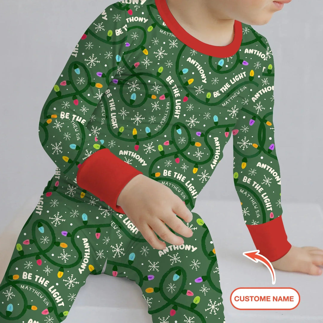 Custom Name Be The Light Christmas Two Piece Long Sleeve Pajama Set , Custom Name Be The Light Christmas Two Piece Long Sleeve Pajama Set - 12-18M