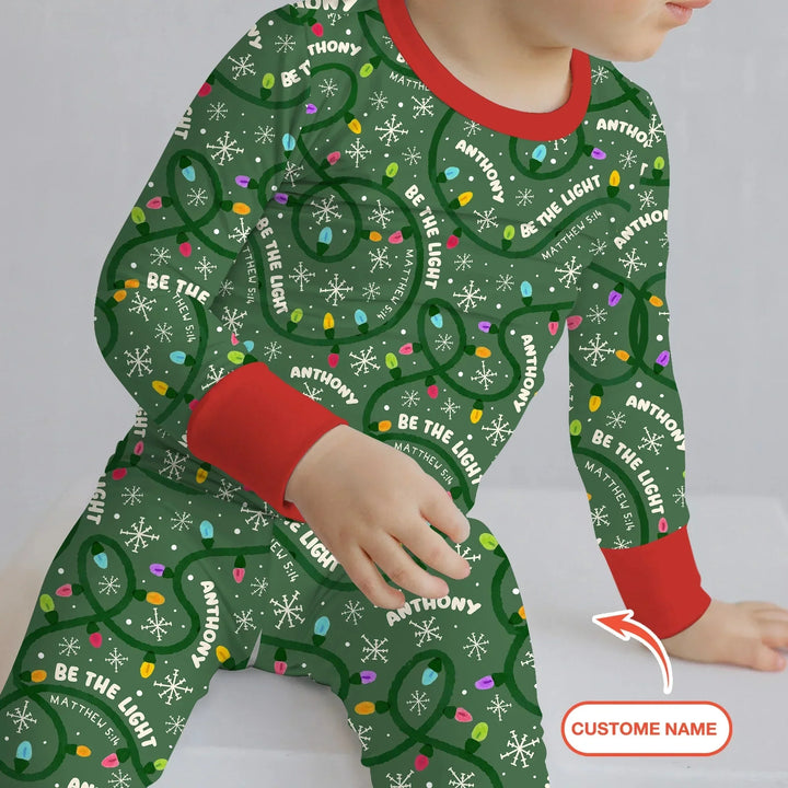 Custom Name Be The Light Christmas Two Piece Long Sleeve Pajama Set , Custom Name Be The Light Christmas Two Piece Long Sleeve Pajama Set - 12-18M