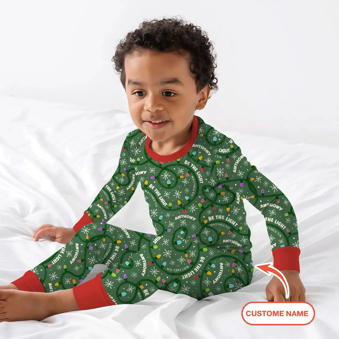 Custom Name Be The Light Christmas Two Piece Long Sleeve Pajama Set , Custom Name Be The Light Christmas Two Piece Long Sleeve Pajama Set - 12-18M