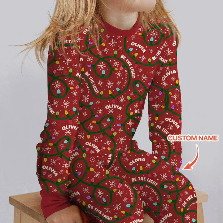 Custom Name Be The Light Christmas Two Piece Long Sleeve Pajama Set , Custom Name Be The Light Christmas Two Piece Long Sleeve Pajama Set - 12-18M