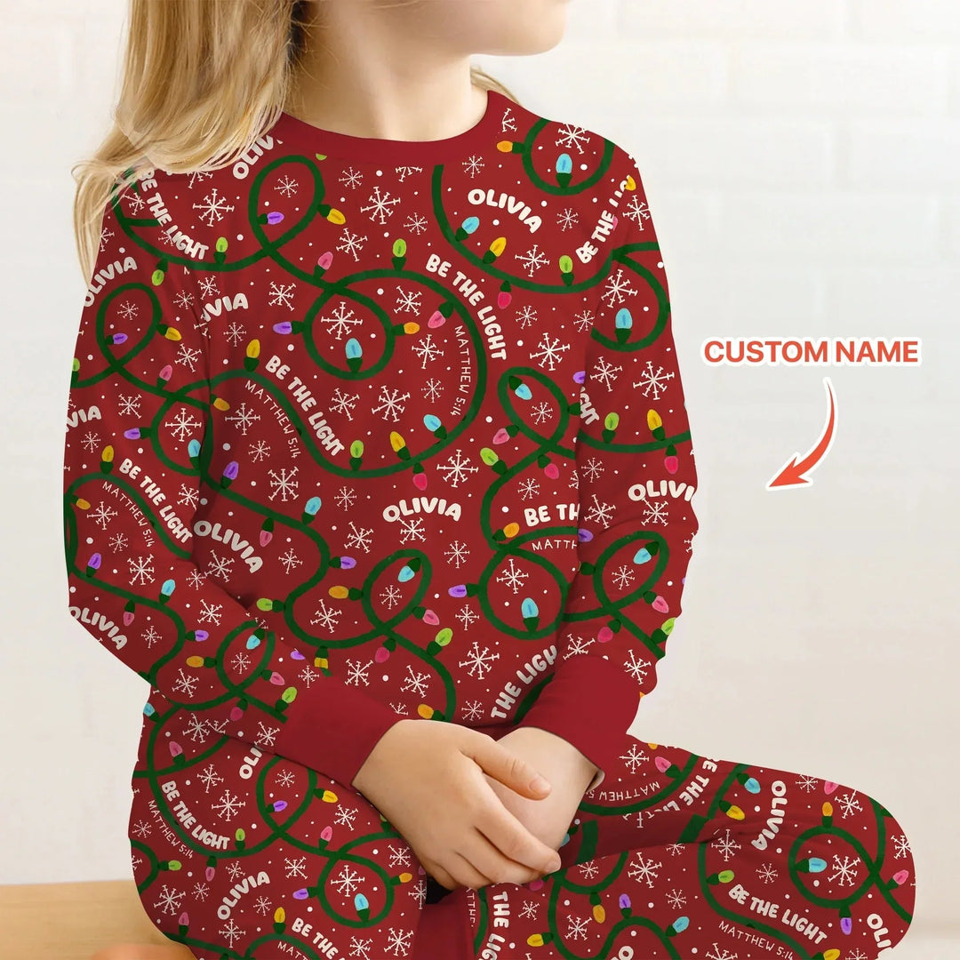 Custom Name Be The Light Christmas Two Piece Long Sleeve Pajama Set , Custom Name Be The Light Christmas Two Piece Long Sleeve Pajama Set - 12-18M