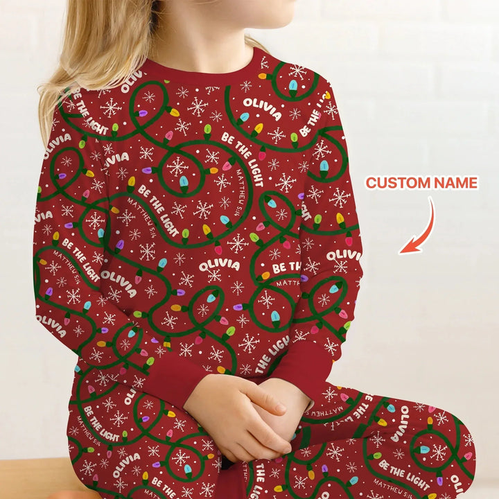 Custom Name Be The Light Christmas Two Piece Long Sleeve Pajama Set , Custom Name Be The Light Christmas Two Piece Long Sleeve Pajama Set - 12-18M