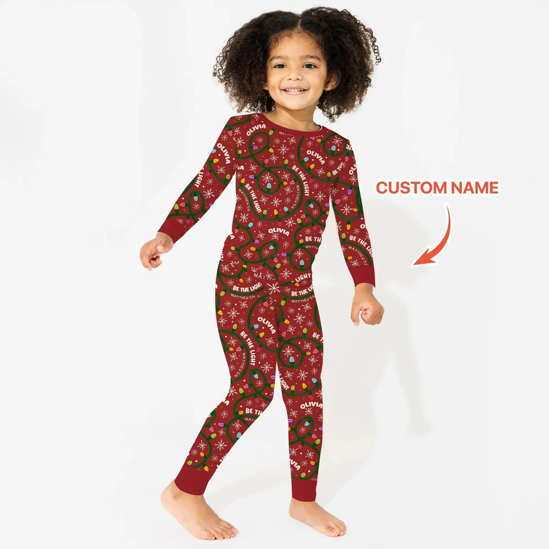 Custom Name Be The Light Christmas Two Piece Long Sleeve Pajama Set , Custom Name Be The Light Christmas Two Piece Long Sleeve Pajama Set - 12-18M
