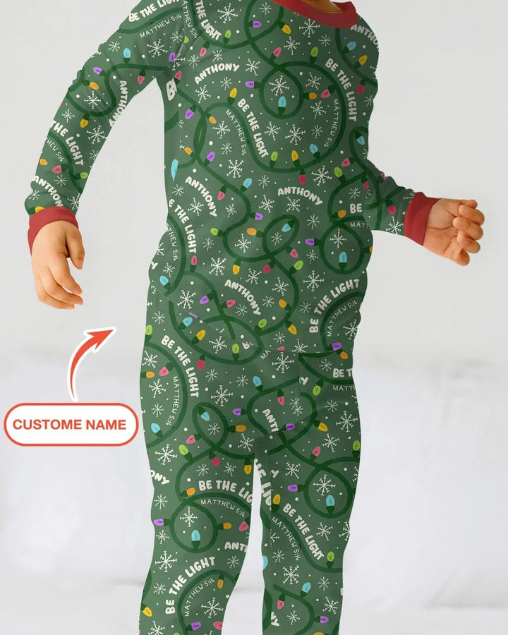 Custom Name Be The Light Christmas Two Piece Long Sleeve Pajama Set , Custom Name Be The Light Christmas Two Piece Long Sleeve Pajama Set - 12-18M