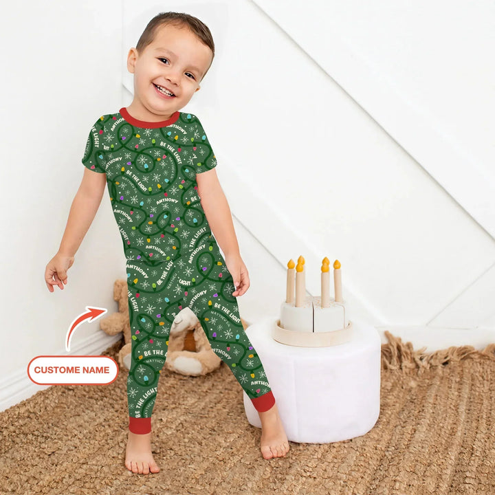 Custom Name Be The Light Christmas Two Piece Short Sleeve Pajama Set , Custom Name Be The Light Christmas Two Piece Short Sleeve Pajama Set - 12-18M