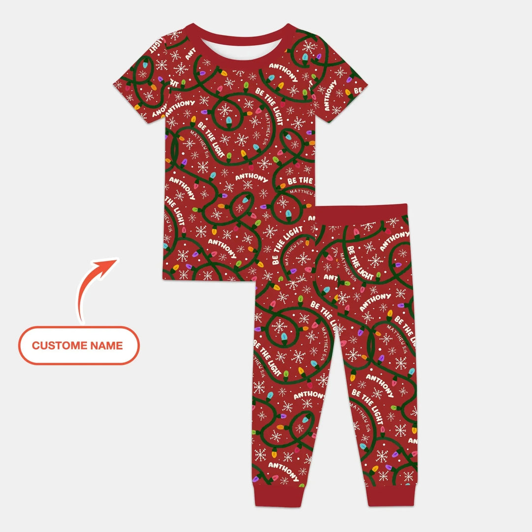Custom Name Be The Light Christmas Two Piece Short Sleeve Pajama Set , Custom Name Be The Light Christmas Two Piece Short Sleeve Pajama Set - 12-18M