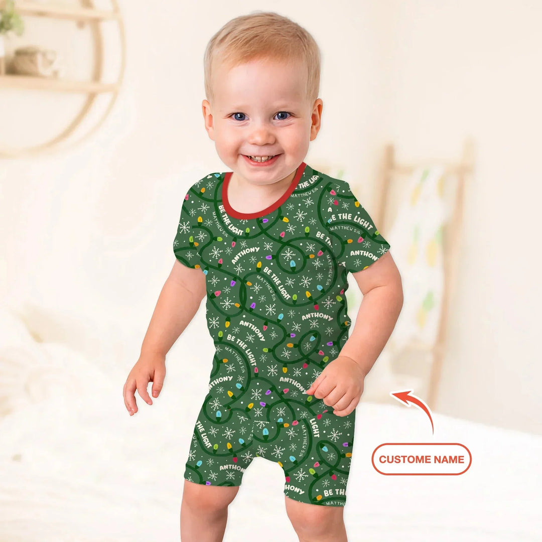 Custom Name Be The Light Christmas Two Piece Short Sleeve Shorts Pajama Set , Custom Name Be The Light Christmas Two Piece Short Sleeve Shorts Pajama Set - 12-18M