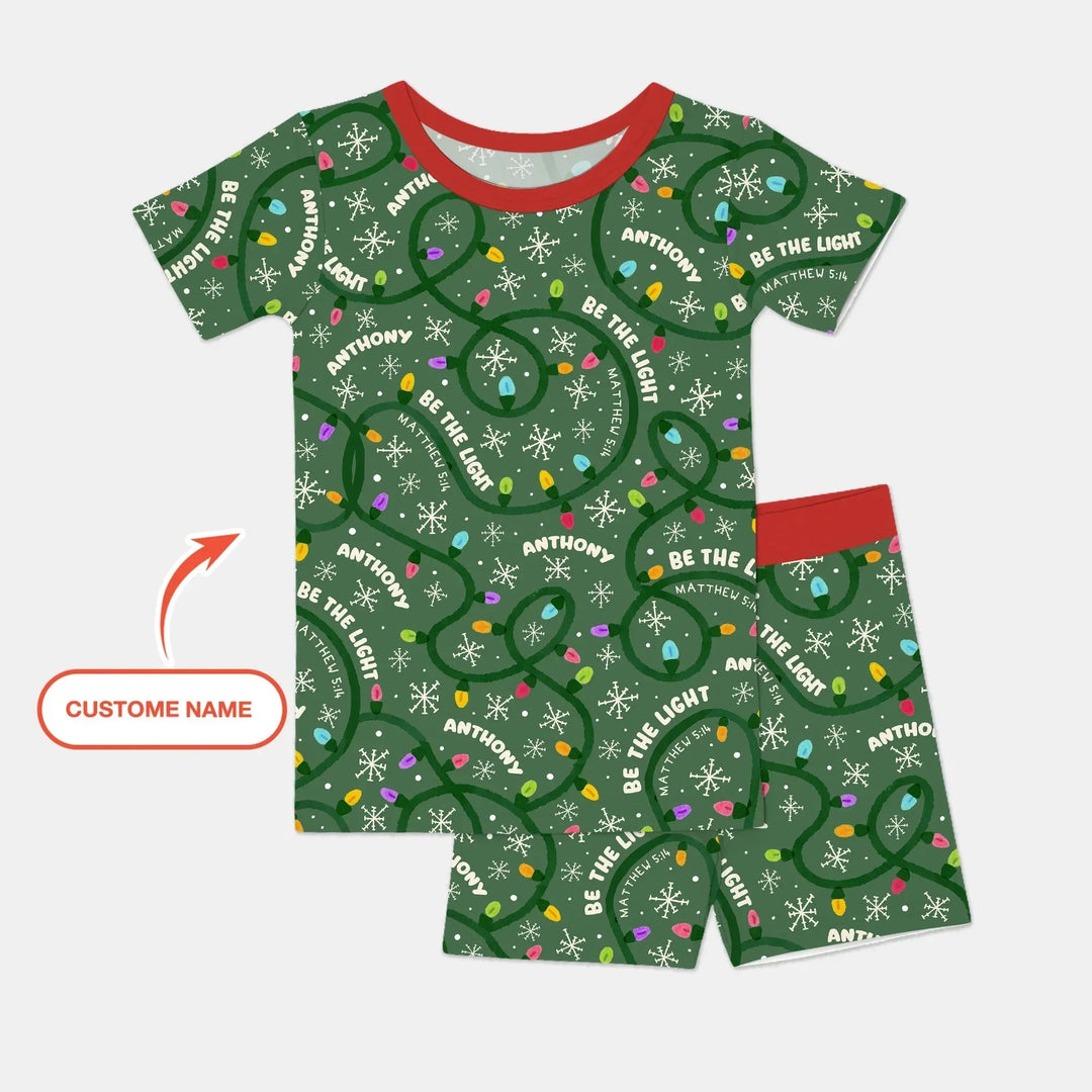 Custom Name Be The Light Christmas Two Piece Short Sleeve Shorts Pajama Set , Custom Name Be The Light Christmas Two Piece Short Sleeve Shorts Pajama Set - 12-18M