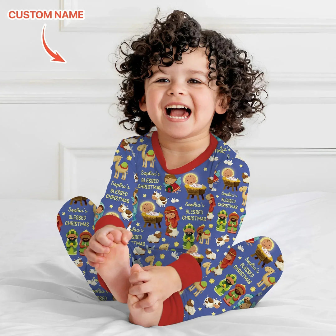 Custom Name Blessed Christmas Night Two Piece Long Sleeve Pajama Set , Custom Name Blessed Christmas Night Two Piece Long Sleeve Pajama Set - 12-18M
