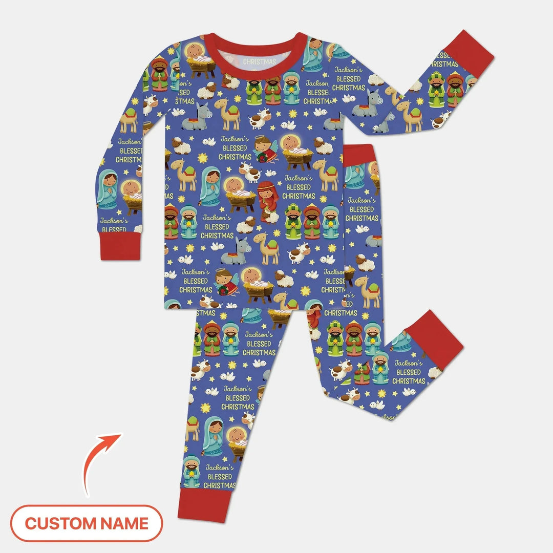 Custom Name Blessed Christmas Night Two Piece Long Sleeve Pajama Set , Custom Name Blessed Christmas Night Two Piece Long Sleeve Pajama Set - 12-18M