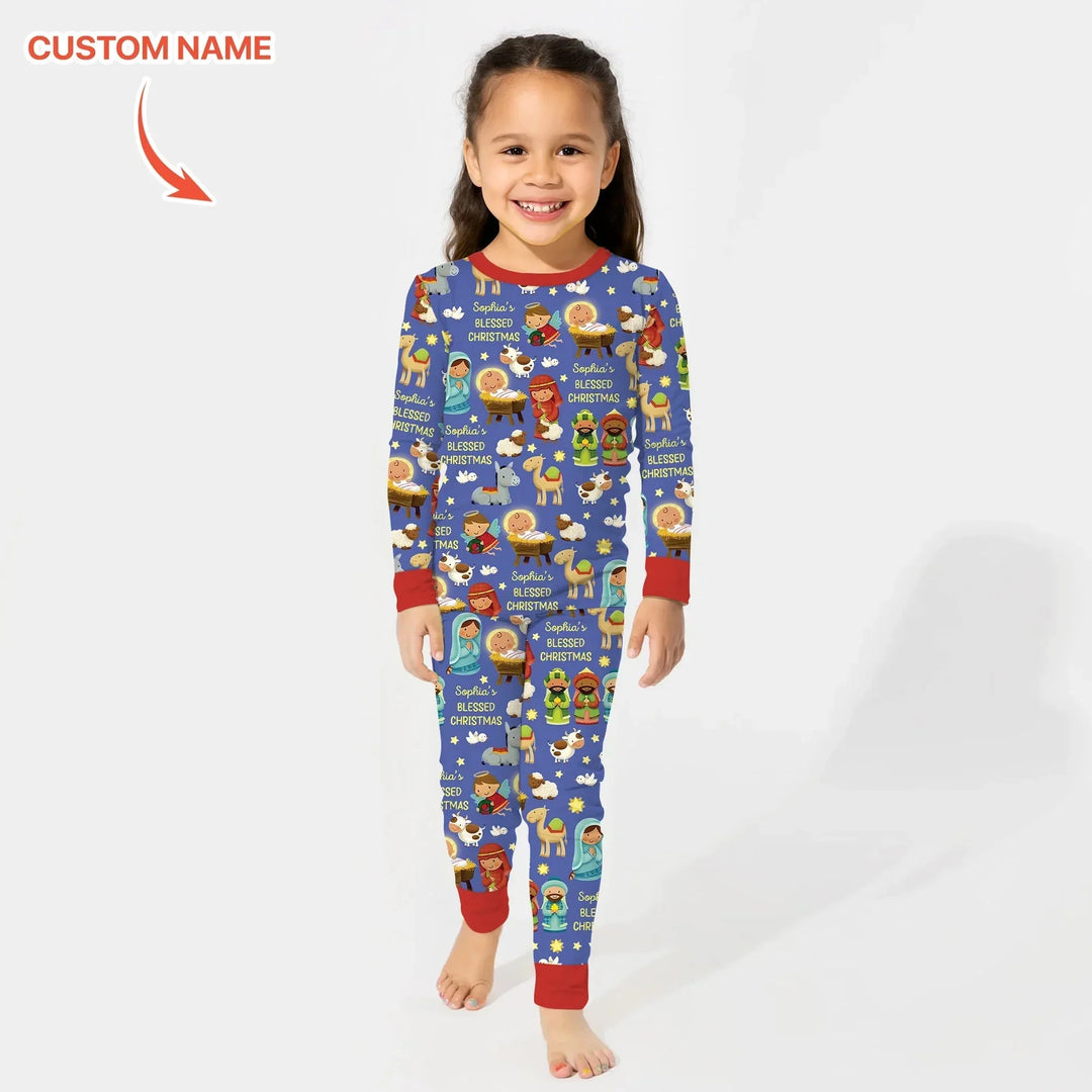 Custom Name Blessed Christmas Night Two Piece Long Sleeve Pajama Set , Custom Name Blessed Christmas Night Two Piece Long Sleeve Pajama Set - 12-18M