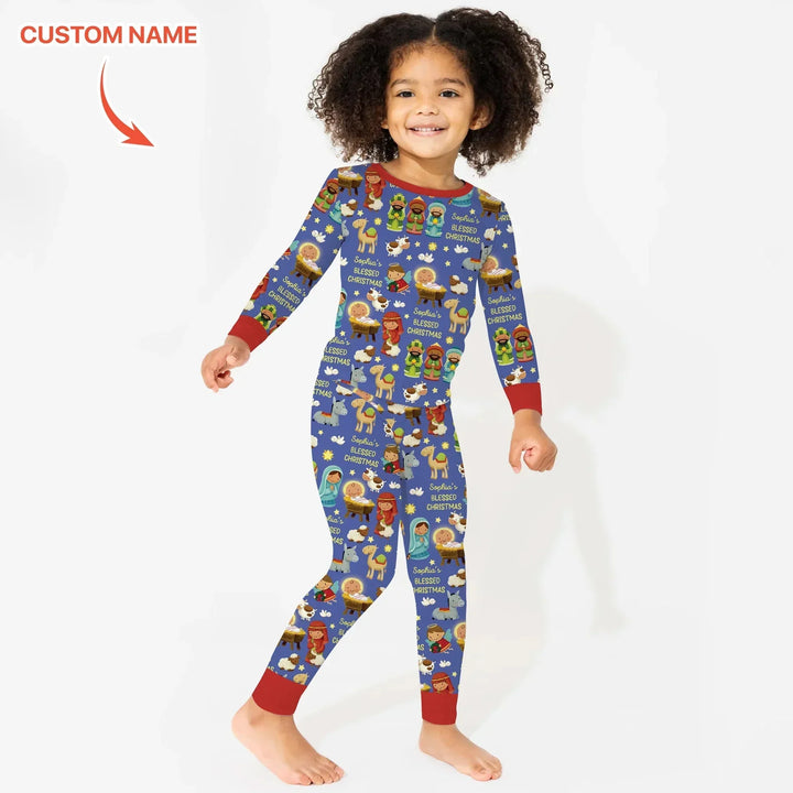 Custom Name Blessed Christmas Night Two Piece Long Sleeve Pajama Set , Custom Name Blessed Christmas Night Two Piece Long Sleeve Pajama Set - 12-18M