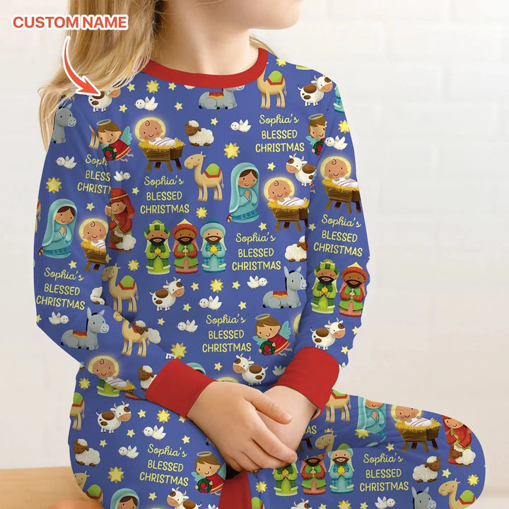 Custom Name Blessed Christmas Night Two Piece Long Sleeve Pajama Set , Custom Name Blessed Christmas Night Two Piece Long Sleeve Pajama Set - 12-18M