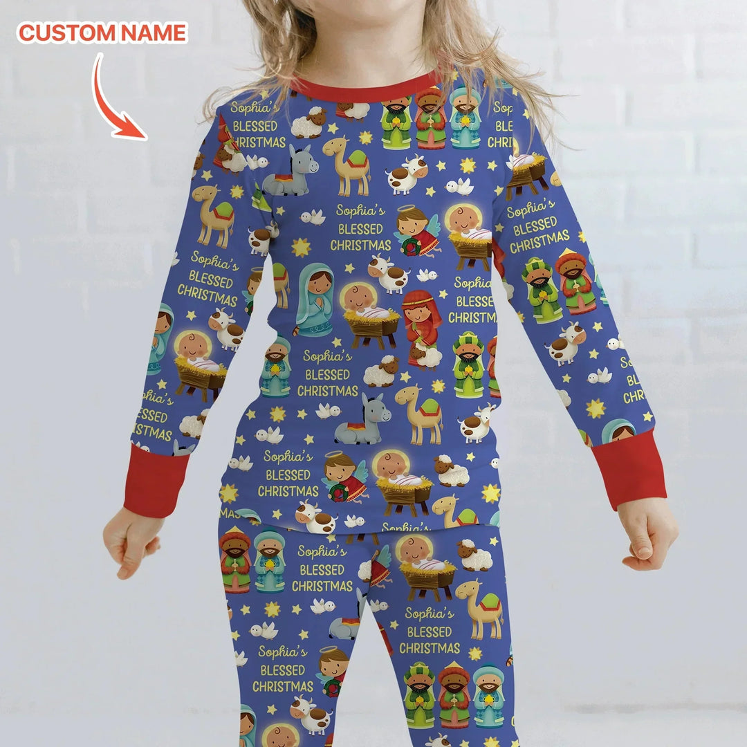 Custom Name Blessed Christmas Night Two Piece Long Sleeve Pajama Set , Custom Name Blessed Christmas Night Two Piece Long Sleeve Pajama Set - 12-18M
