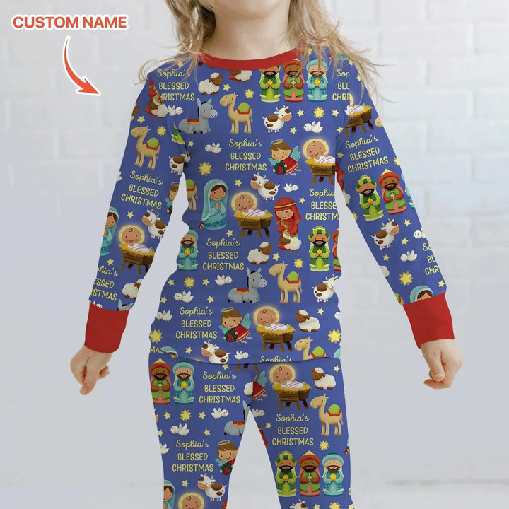 Custom Name Blessed Christmas Night Two Piece Long Sleeve Pajama Set , Custom Name Blessed Christmas Night Two Piece Long Sleeve Pajama Set - 12-18M