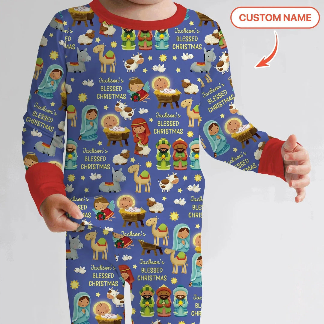 Custom Name Blessed Christmas Night Two Piece Long Sleeve Pajama Set , Custom Name Blessed Christmas Night Two Piece Long Sleeve Pajama Set - 12-18M