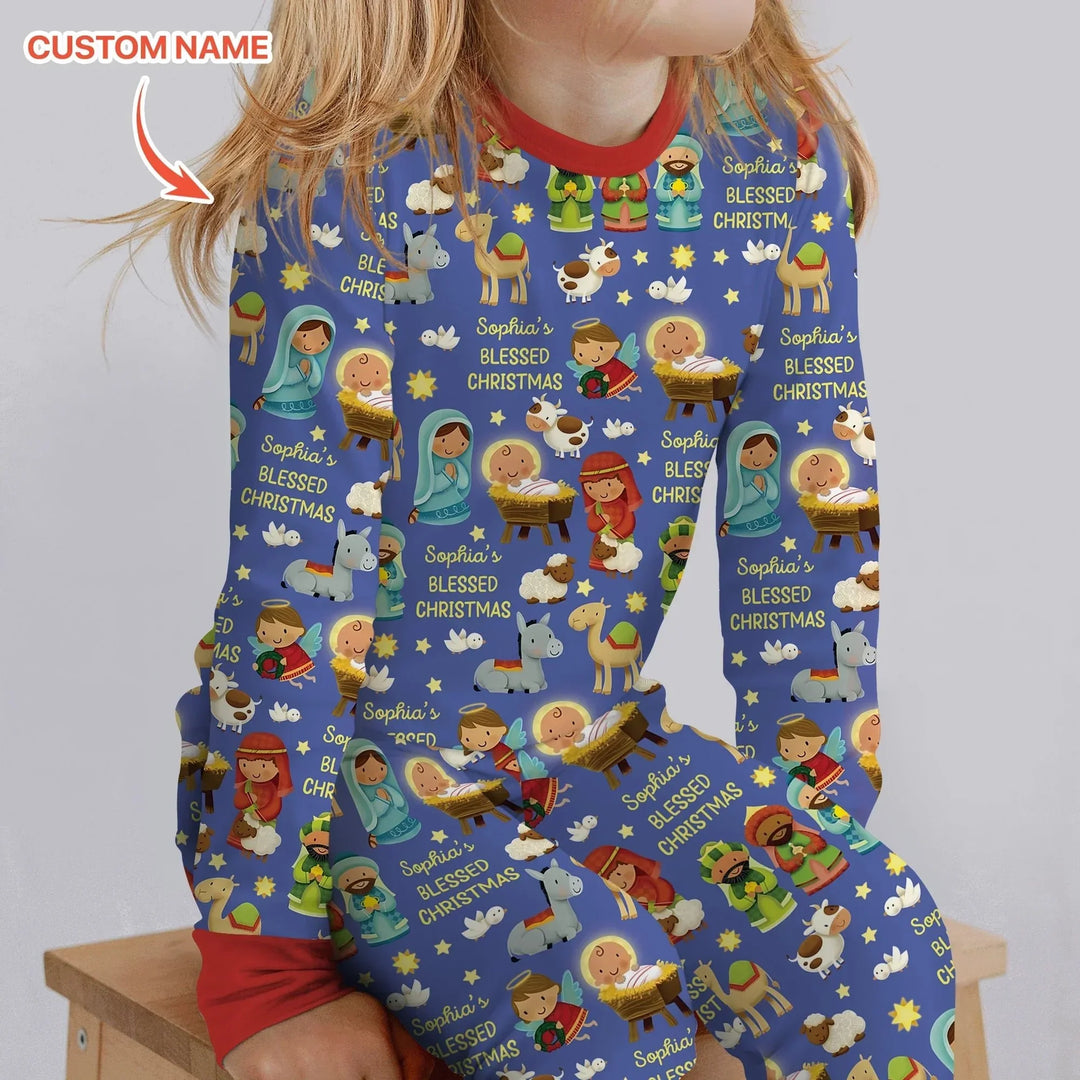 Custom Name Blessed Christmas Night Two Piece Long Sleeve Pajama Set , Custom Name Blessed Christmas Night Two Piece Long Sleeve Pajama Set - 12-18M