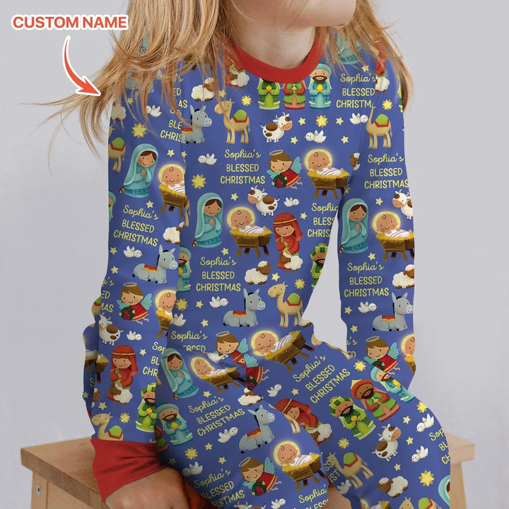 Custom Name Blessed Christmas Night Two Piece Long Sleeve Pajama Set , Custom Name Blessed Christmas Night Two Piece Long Sleeve Pajama Set - 12-18M