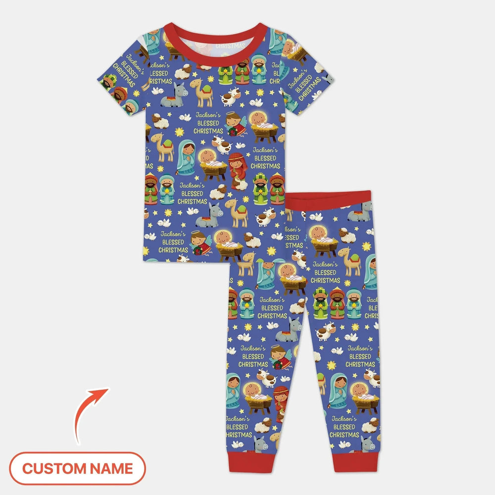 Custom Name Blessed Christmas Night Two Piece Short Sleeve Pajama Set , Custom Name Blessed Christmas Night Two Piece Short Sleeve Pajama Set - 12-18M