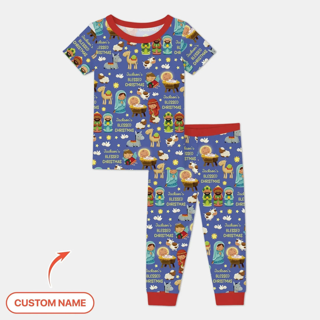 Custom Name Blessed Christmas Night Two Piece Short Sleeve Pajama Set , Custom Name Blessed Christmas Night Two Piece Short Sleeve Pajama Set - 12-18M