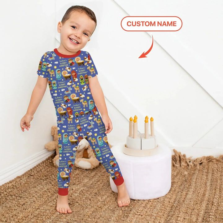 Custom Name Blessed Christmas Night Two Piece Short Sleeve Pajama Set , Custom Name Blessed Christmas Night Two Piece Short Sleeve Pajama Set - 12-18M