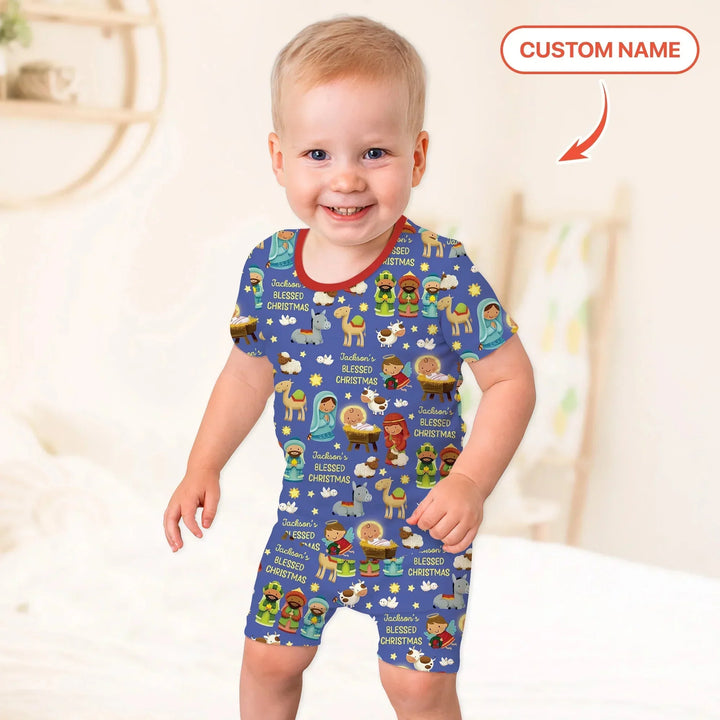 Custom Name Blessed Christmas Night Two Piece Short Sleeve Shorts Pajama Set , Custom Name Blessed Christmas Night Two Piece Short Sleeve Shorts Pajama Set - 12-18M