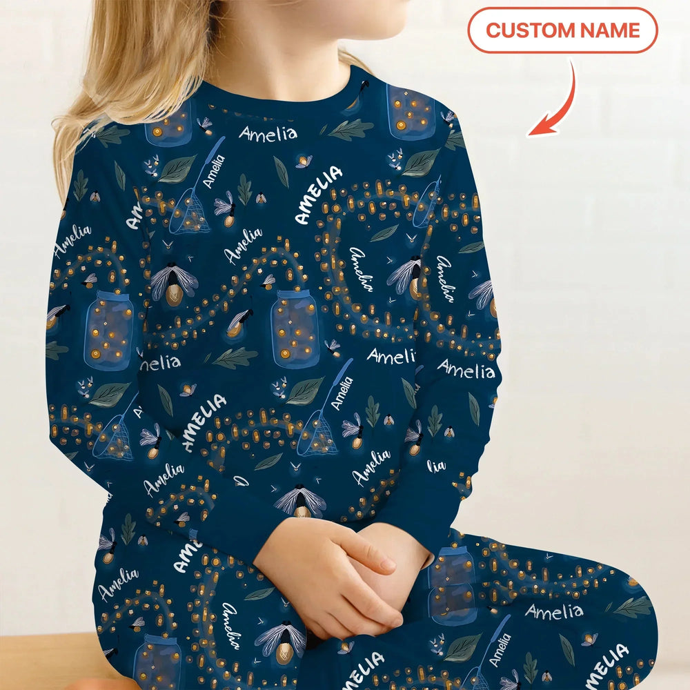 Custom Name Catching Fireflies Two Piece Long Sleeve Pajama Set , Custom Name Catching Fireflies Two Piece Long Sleeve Pajama Set - 12-18M
