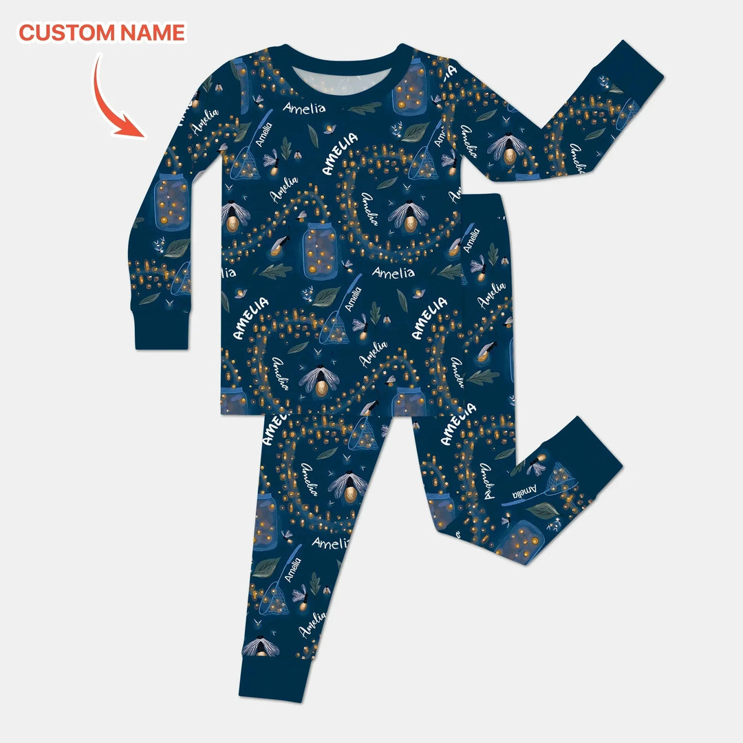 Custom Name Catching Fireflies Two Piece Long Sleeve Pajama Set , Custom Name Catching Fireflies Two Piece Long Sleeve Pajama Set - 12-18M