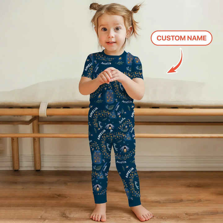 Custom Name Catching Fireflies Two Piece Short Sleeve Pajama Set , Custom Name Catching Fireflies Two Piece Short Sleeve Pajama Set - 12-18M