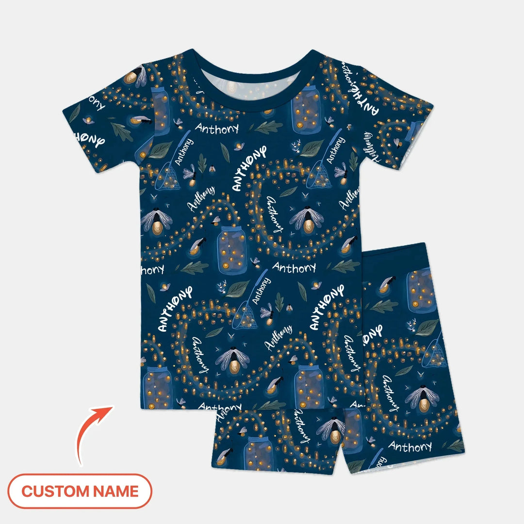 Custom Name Catching Fireflies Two Piece Short Sleeve Shorts Pajama Set , Custom Name Catching Fireflies Two Piece Short Sleeve Shorts Pajama Set - 12-18M