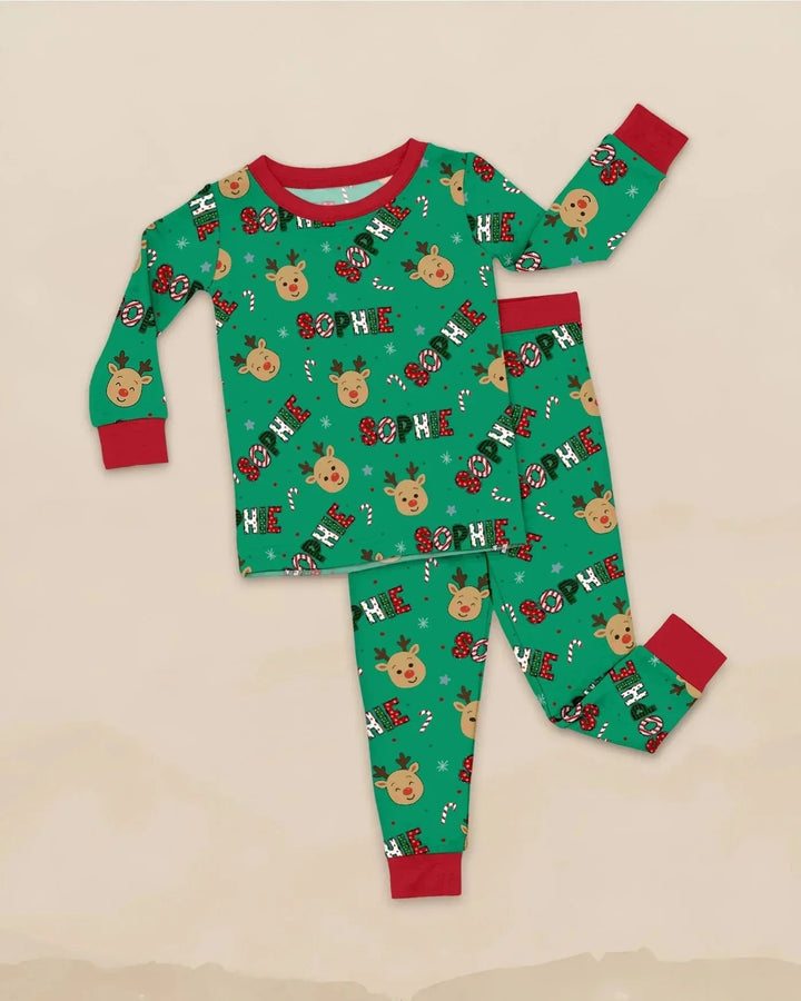 Custom Name Chrismas Cute Deer Two Piece Long Sleeve Pajama Set , Custom Name Chrismas Cute Deer Two Piece Long Sleeve Pajama Set - 12-18M