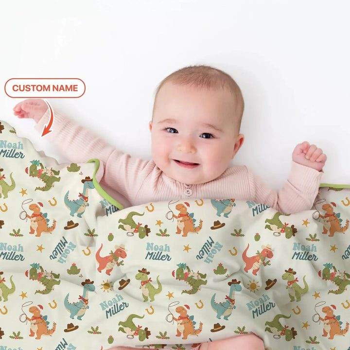 Custom Name Christmas Cowboy Dinosaur Toddler Blanket , Custom Name Christmas Cowboy Dinosaur Toddler Blanket - Default Title
