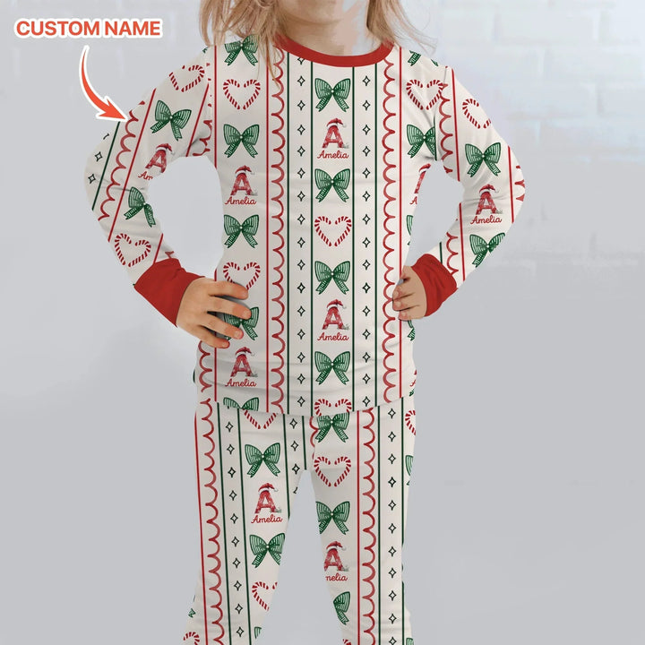 Custom Name Christmas Stripes Two Piece Long Sleeve Pajama Set , Custom Name Christmas Stripes Two Piece Long Sleeve Pajama Set - 12-18M
