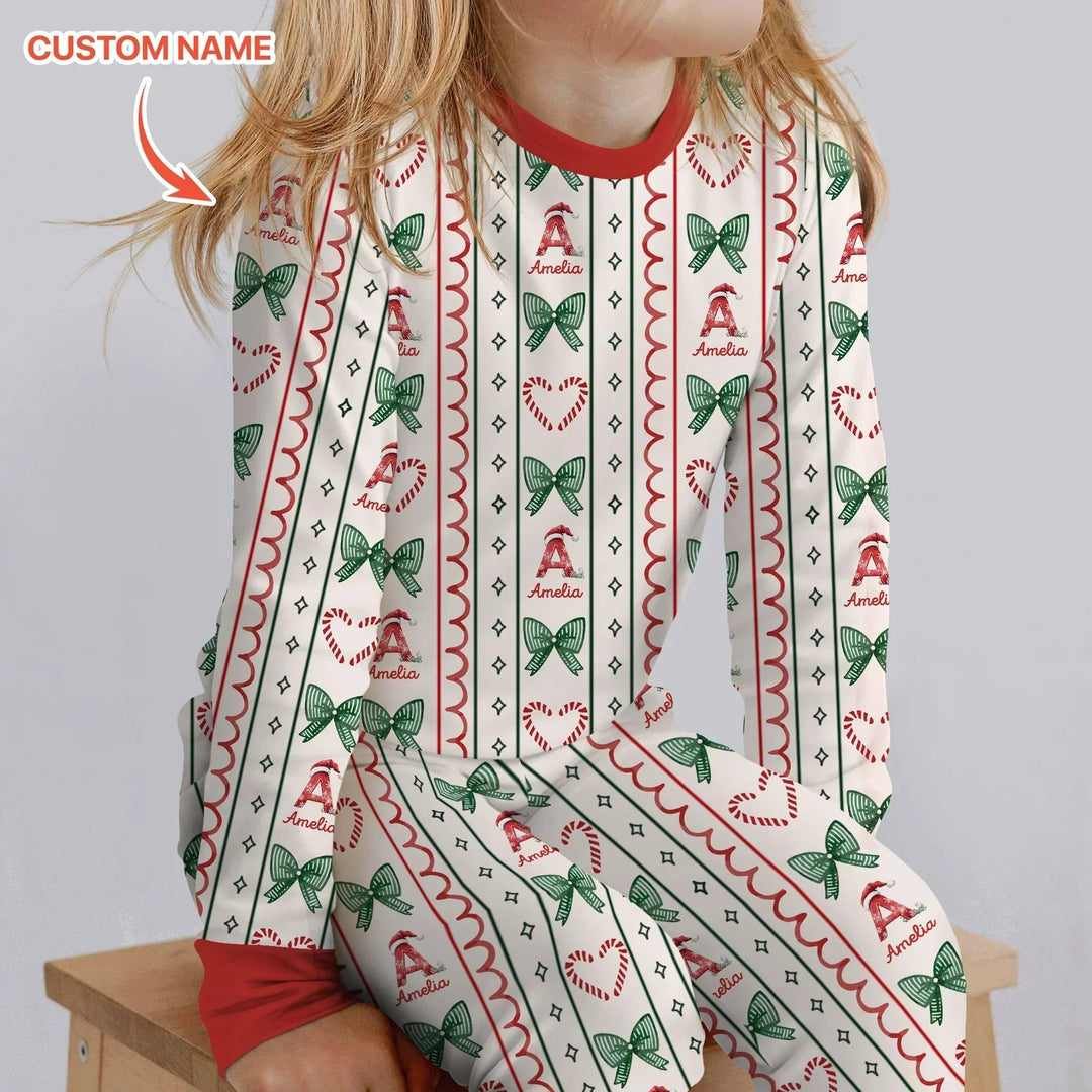 Custom Name Christmas Stripes Two Piece Long Sleeve Pajama Set , Custom Name Christmas Stripes Two Piece Long Sleeve Pajama Set - 12-18M