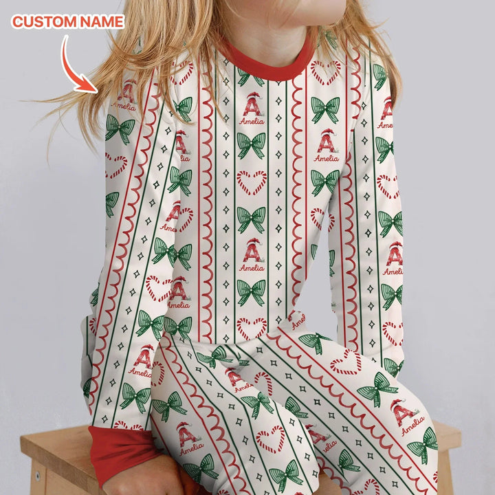 Custom Name Christmas Stripes Two Piece Long Sleeve Pajama Set , Custom Name Christmas Stripes Two Piece Long Sleeve Pajama Set - 12-18M